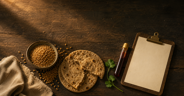 Golden wheat grains and a torn wheat roti beside a blood-test vial and blank lab report on a dark wood surface, representing gluten intolerance diagnosis in India