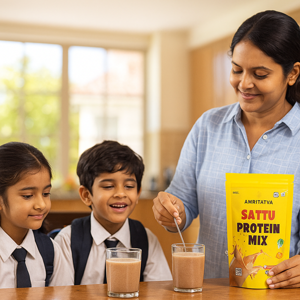 Amritatva Sattu Protein Mix preparation — Indian family enjoying mushroom-enriched sattu drink, clean-label immunity food