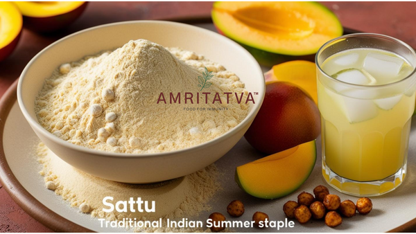 Amritatva Sattu Protein Mix blended with mango — traditional Indian high-protein energy drink recipe