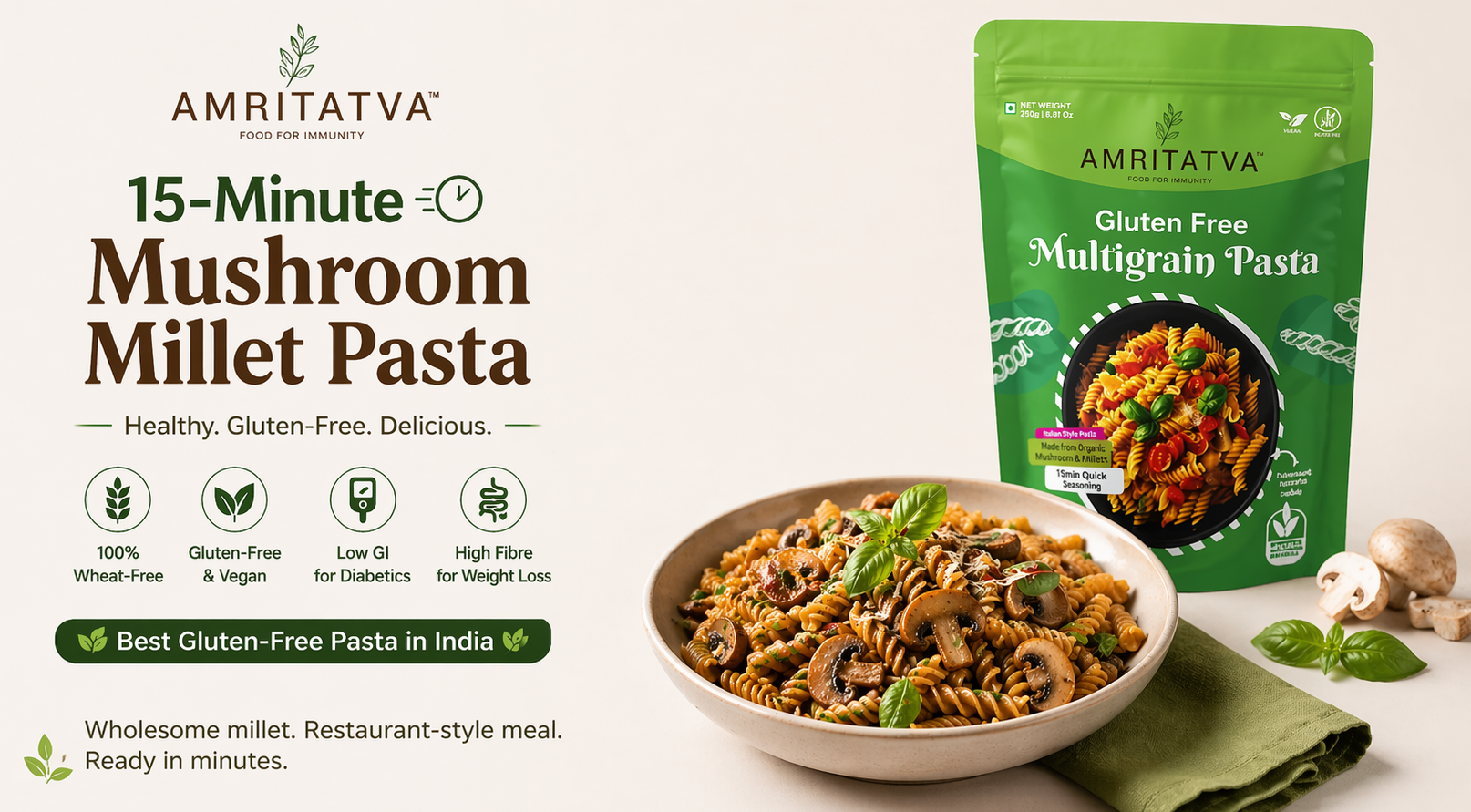 15-Minute Mushroom Millet Pasta by Amritatva: Best Gluten-Free Pasta in India