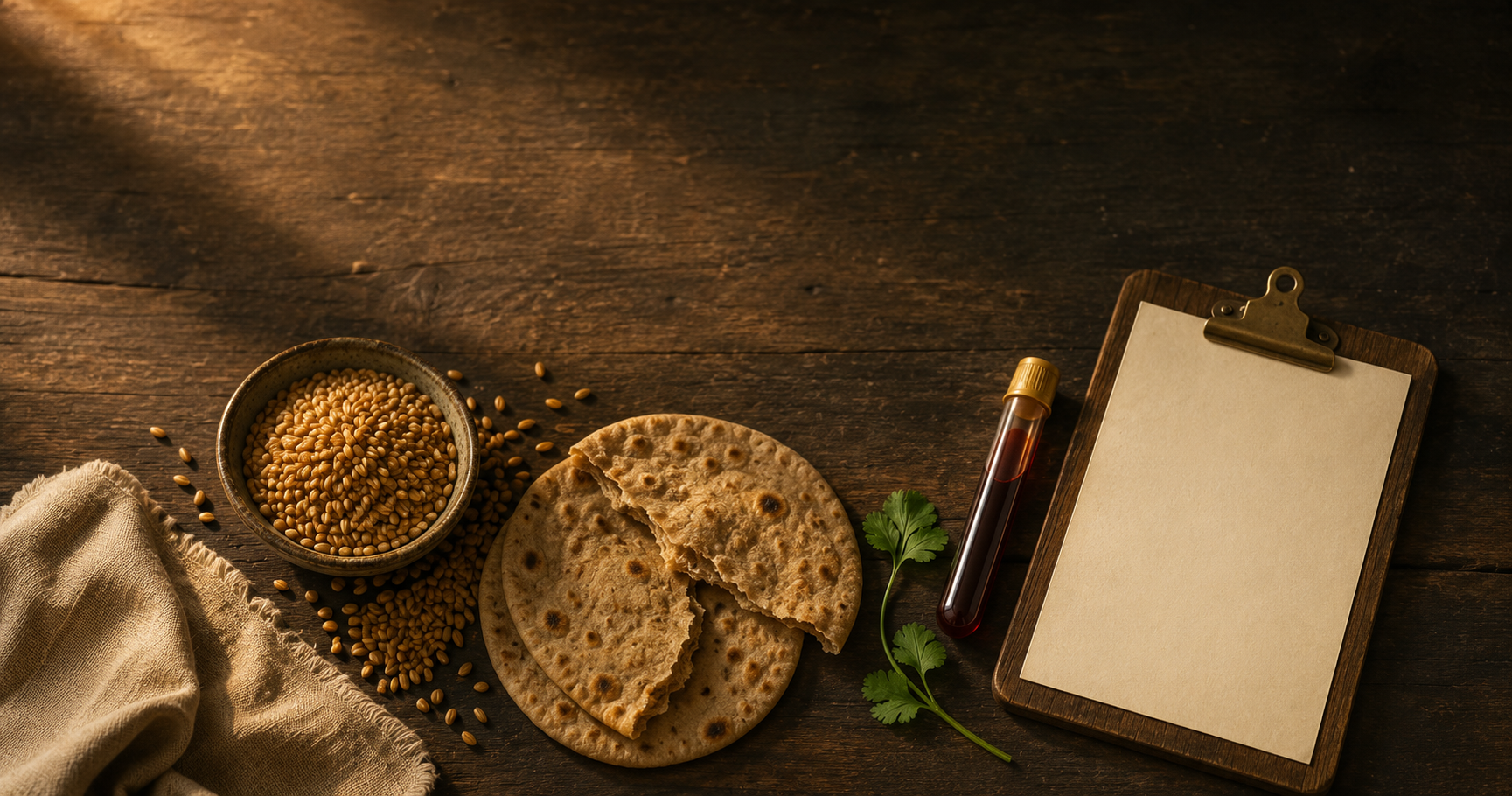 Golden wheat grains and a torn wheat roti beside a blood-test vial and blank lab report on a dark wood surface, representing gluten intolerance diagnosis in India