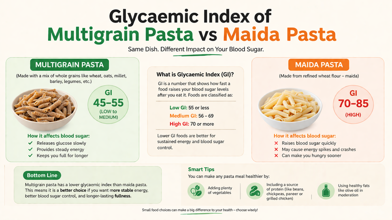 Glycaemic index comparison — millet multigrain pasta vs maida pasta, lower GI explained