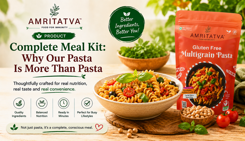 Amritatva pasta meal kit — millet pasta with mushroom spice blend, no MSG, complete in one pack
