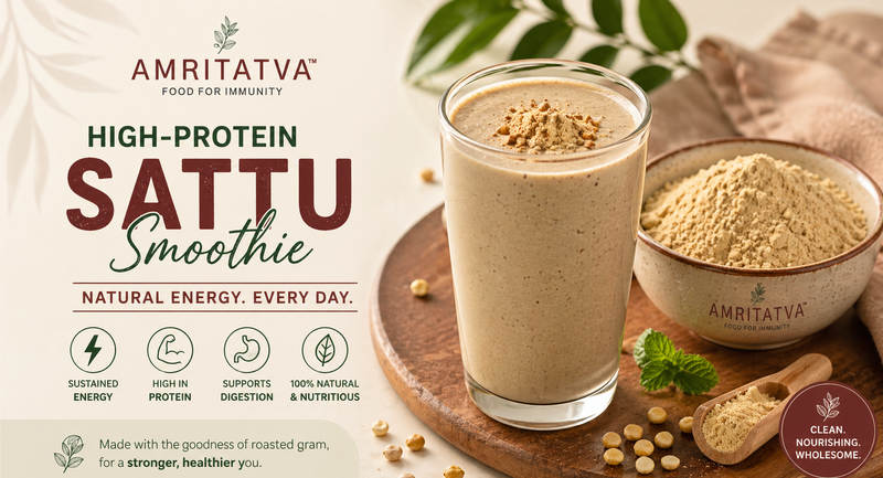 High-protein sattu smoothie with roasted chana and mushroom powder — plant-based breakfast