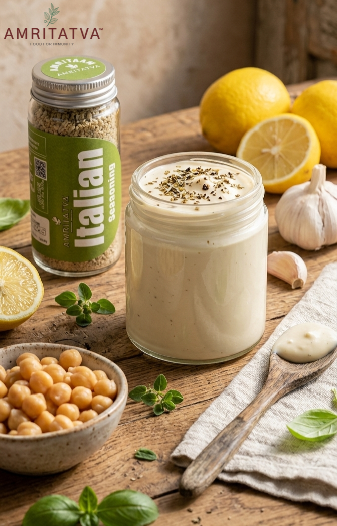 Vegan Italian herb mayo made with Amritatva seasoning — clean label plant-based recipe