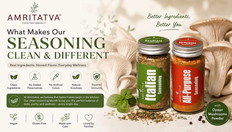 Amritatva seasoning with oyster mushroom powder instead of MSG — clean whole-spice blend