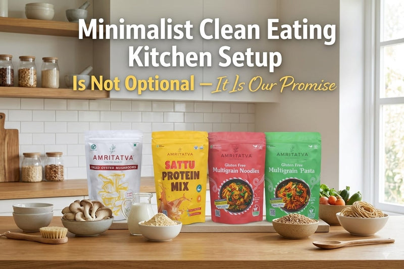 Minimalist clean eating kitchen — whole grains, real spices and functional staples pantry setup