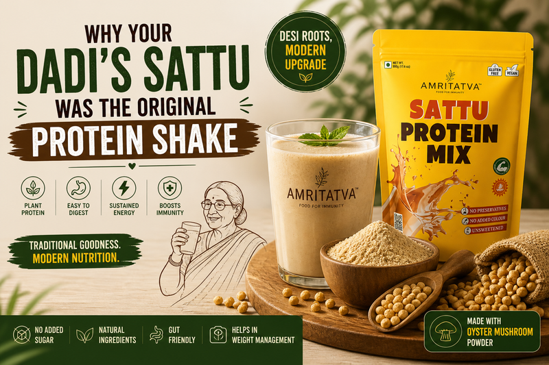Sattu — India's original protein shake from roasted chickpea flour, enhanced with mushroom powder