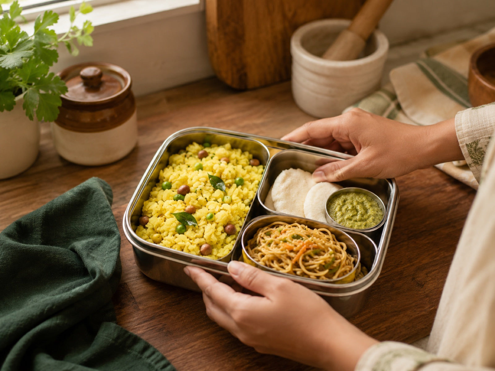 Parent packing a stainless-steel tiffin box with poha, idli, and gluten-free noodles for an Indian child — Amritatva