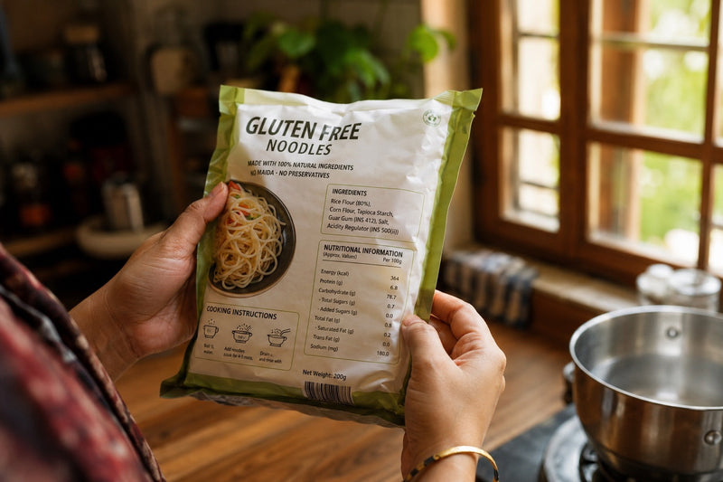 Hands reading the ingredient label on a gluten-free noodle pack in a home kitchen before buying