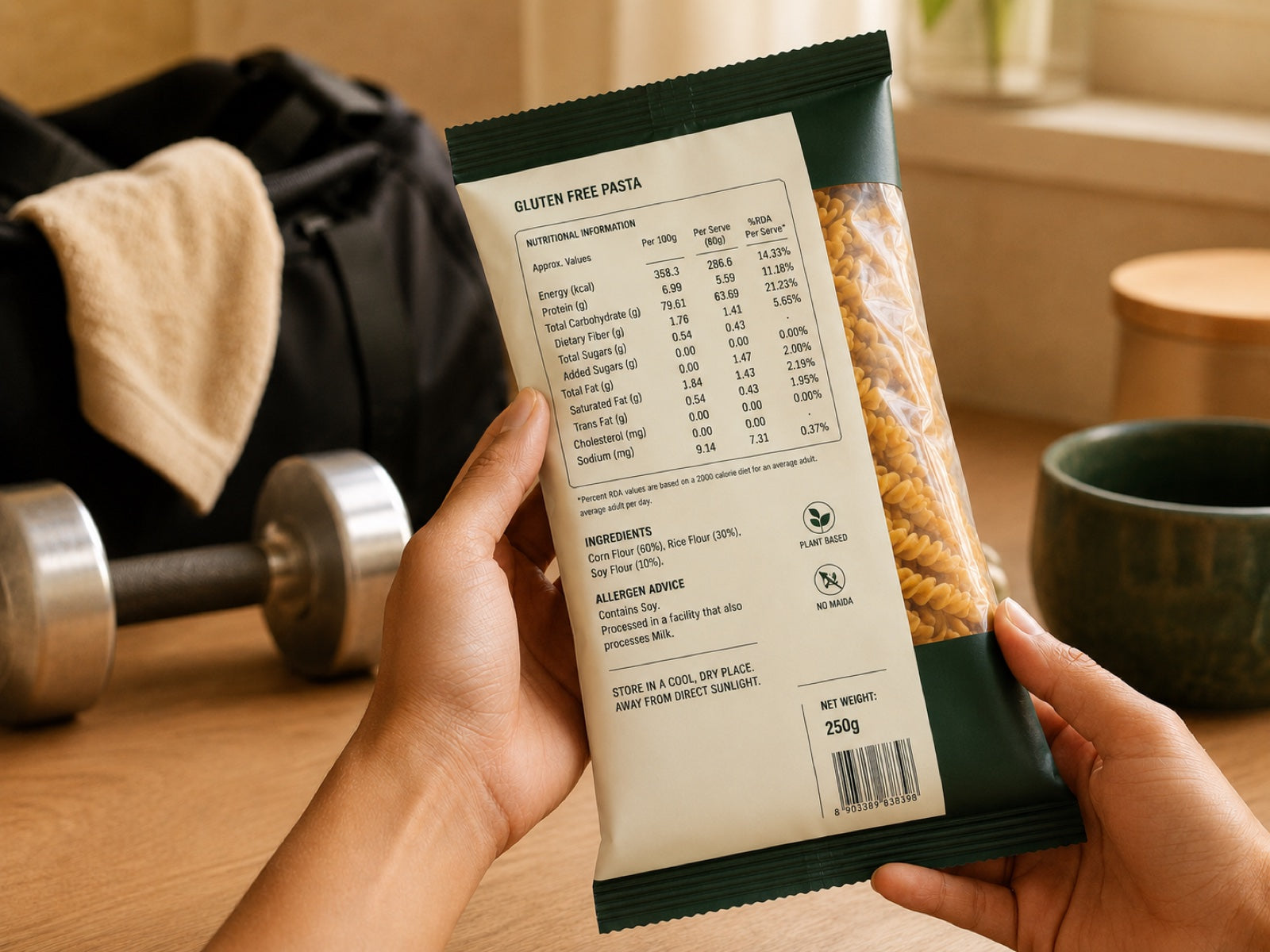 Fitness-conscious shopper checking the nutrition label on a gluten-free pasta pack at home