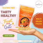 Amritatva gluten-free multigrain pasta packaging with a hand holding pasta, on a colorful background.
