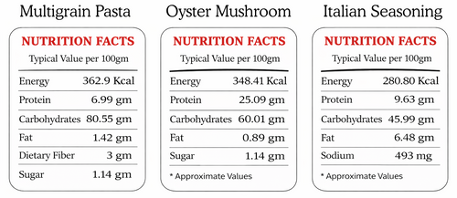 Nutrition facts for Amritatva gluten-free multigrain pasta with Italian mushroom seasoning combo 200g