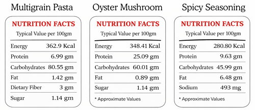 Nutrition facts for Amritatva gluten-free multigrain pasta with all-purpose mushroom seasoning combo 200g