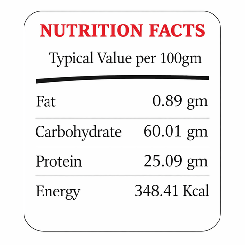 Nutrition facts label with values per 100g on a white background