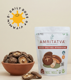 Amritatva Dried Shiitake Mushrooms rehydrated in bowl alongside clean packaging, no preservatives