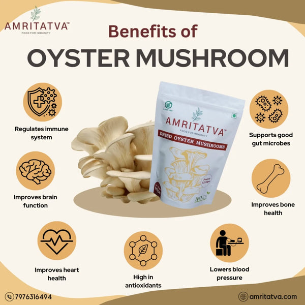 Amritatva dried oyster mushrooms 50g packaging — FSSAI certified, sun-dried, no chemicals, immunity-boosting mushroom food India